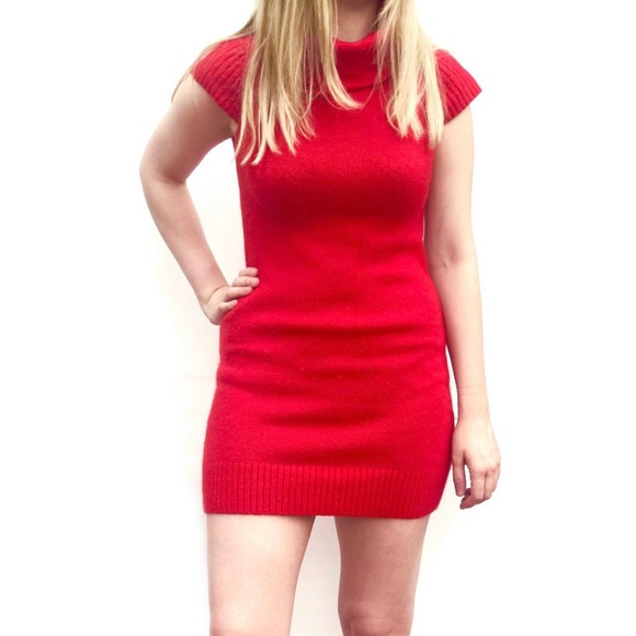 90s Vintage Cashmere cowl neck red knit mini dress